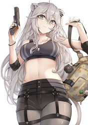  ahoge animal_ear_fluff animal_ears bag bare_shoulders black_nails black_shorts black_sports_bra black_wristband breasts camouflage_bag charm_(object) closed_mouth commentary cowboy_shot crop_top dog_tags ear_ornament earrings elbow_sleeve female grey_eyes grey_hair grey_pantyhose gun hair_between_eyes handgun hands_up highres holding holding_bag holding_gun holding_strap holding_weapon hololive jewelry large_breasts light_smile lion_ears lion_girl lion_tail long_hair looking_at_viewer looking_down m1911 messy_hair midriff multicolored_bag nail_polish navel official_alternate_costume pantyhose paw_print shirt shishiro_botan shishiro_botan_(button-down) shorts sidelocks simple_background sleeveless sleeveless_shirt solo sports_bra ssrb_(shishiro_botan) striped striped_sports_bra symbol-only_commentary tail thigh_strap two_side_up vertical-striped_sports_bra vertical_stripes very_long_hair virtual_youtuber wavy_hair weapon white_background yougenko 