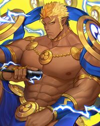  1boy abs bara bare_pectorals blonde_hair brown_hair bulge dark-skinned_male dark_skin facial_hair forked_eyebrows frown goatee gyee highres large_pectorals lightning long_sideburns looking_at_viewer male_focus mature_male muscular muscular_male navel nipples orange_eyes orange_hair pectorals pelvic_curtain pointy_ears protected_link raikoh_(paradiso_guardian) revealing_clothes sdz_(inazuma) short_hair sideburns solo spread_legs stomach 