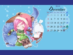  2010 bad_id bad_pixiv_id bag black_bra blush boots bra brown_footwear calendar_(medium) chibi christmas closed_eyes closed_mouth commentary_request december elbow_gloves female fingerless_gloves full_body gloves green_gloves green_legwear green_scarf green_shorts green_tube_top hat hizukiryou long_hair lunatic_(ragnarok_online) petting pink_hair rabbit ragnarok_online ranger_(ragnarok_online) santa_hat scarf shorts sled smile strapless thighhighs tube_top underwear wolf 