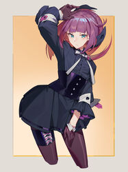  absurdres arm_up blunt_bangs blush carcano_m91/38_(girls&#039;_frontline) closed_mouth collar commentary_request dress female girls&#039;_frontline gloves green_eyes hair_ornament hair_ribbon highres light_blush long_hair long_sleeves looking_at_viewer pantyhose photoshop_(medium) purple_gloves purple_hair ribbon simple_background solo standing two-tone_background yoni_(zhang) 