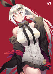  :3 armband badge bare_shoulders black_jacket black_neckwear black_skirt blouse blush bow breasts button_badge buttons character_name commentary cowboy_shot female five-seven_(girls&#039;_frontline) frilled_shirt frills girls&#039;_frontline hair_between_eyes hair_ornament hair_ribbon high_ponytail highres huaji jacket large_breasts long_hair long_sleeves looking_to_the_side miniskirt open_clothes open_jacket oyk_(signx) pleated_skirt rabbit_hair_ornament red_background ribbon shirt sidelocks simple_background skirt sleeveless sleeveless_shirt smile solo tareme thighs very_long_hair white_hair yellow_eyes zipper_pull_tab 