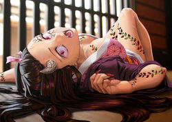  black_hair breasts cleavage commentary_request cracked_skin female hair_ribbon horns indoors japanese_clothes kamado_nezuko kimetsu_no_yaiba kimono long_hair looking_at_viewer lying medium_breasts oerba_yun_fang on_back on_floor photoshop_(medium) pink_eyes pink_kimono pink_ribbon ribbon ryohhe single_horn slit_pupils solo spoilers very_long_hair 