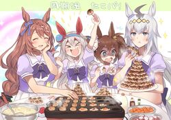  &gt;_&lt; 4girls ahoge animal_ears big_belly bonito_flakes bow bowtie braid brown_hair cooking eating food grey_hair gum_(vivid_garden) hairband highres horse_ears horse_girl horseshoe_ornament inari_one_(umamusume) long_hair multiple_girls oerba_yun_fang oguri_cap_(umamusume) pleated_skirt puffy_short_sleeves puffy_sleeves purple_shirt sailor_collar sailor_shirt school_uniform shirt short_sleeves skirt sparkling_eyes summer_uniform super_creek_(umamusume) takoyaki takoyaki_pan tamamo_cross_(umamusume) tracen_school_uniform twintails umamusume white_skirt x_navel 