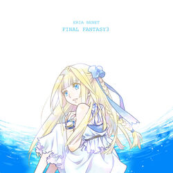  aria_benett bad_id bad_pixiv_id bare_shoulders blonde_hair blue_eyes bracelet braid character_name commentary_request copyright_name dress female final_fantasy final_fantasy_iii from_behind hair_ornament hair_ribbon jewelry knees_up long_hair morisoba_(hanpen1008) parted_lips ribbon sitting sleeveless sleeveless_dress smile solo white_dress 