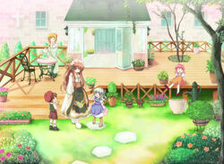  1boy 4girls bad_id bad_pixiv_id black_footwear blue_dress boots brown_dress brown_eyes brown_footwear brown_hair brown_shorts chair closed_eyes closed_mouth commentary_request cross cross_necklace day door dress flower full_body garden grass green_dress green_hair green_shirt hair_between_eyes headdress hizukiryou jewelry lolicon long_hair looking_at_another looking_down multiple_girls necklace open_mouth orange_flower original outdoors pink_flower pink_hair plant porch potted_plant puffy_short_sleeves puffy_sleeves red_eyes red_flower shirt short_hair short_sleeves shorts sitting smile socks standing stepping_stones table tree twintails water watering_can white_dress white_shirt wooden_floor yellow_flower 