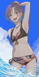  absurdres arm_up armpits asakura_toru bikini bishi_a_(b_a1210) blue_hair blue_sky blush breasts cleavage cloud commentary earrings female gradient_hair highres idolmaster idolmaster_shiny_colors jewelry leaf_print looking_at_viewer multicolored_hair navel purple_hair short_hair side-tie_bikini_bottom sky small_breasts smile solo swimsuit wading 