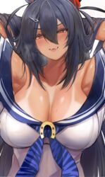  absurdres animal_ears armpits arms_behind_head bare_shoulders black_hair blue_neckerchief blush breasts cleavage collarbone dark-skinned_female dark_skin female hair_between_eyes hair_ornament hairclip highres hishi_amazon_(umamusume) horse_ears horse_girl inaba_(usanopo) large_breasts long_hair neckerchief red_eyes simple_background smile solo sweat tan tanlines teeth umamusume upper_body white_background 