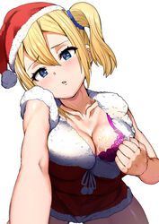  bare_shoulders blonde_hair blue_eyes bra breasts christmas cleavage female hat hayasaka_ai heart heart-shaped_pupils kaguya-sama_wa_kokurasetai_~tensai-tachi_no_renai_zunousen~ merry_christmas open_mouth outstretched_arm pink_bra santa_costume santa_hat selfie side_ponytail sikijou77o simple_background sleeveless solo symbol-shaped_pupils underwear white_background 