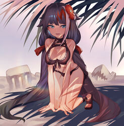  absurdres azur_lane bare_shoulders bikini black_hair blue_eyes breasts curvy deutschland_(azur_lane) deutschland_(service_time?!)_(azur_lane) female highres long_hair looking_at_viewer midriff multicolored_hair official_alternate_costume outdoors sb_lama smile solo streaked_hair swimsuit thighs very_long_hair 