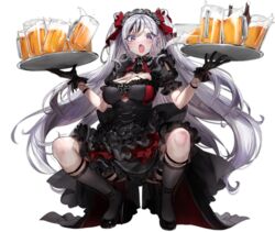  alcohol azur_lane beer beer_mug black_dress black_footwear black_gloves black_socks breasts cleavage clothing_cutout cross cup dress elbe_(azur_lane) elbe_(time_to_show_off?)_(azur_lane) female frilled_dress frills full_body gloves headgear high_heels highres holding holding_tray indoors iron_cross layered_dress looking_at_viewer mug nekometaru oerba_yun_fang official_alternate_costume official_art open_mouth puffy_short_sleeves puffy_sleeves short_sleeves skin_fang socks solo squatting transparent_background tray underboob_cutout 