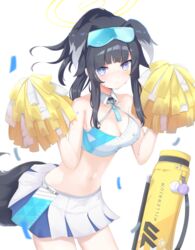  absurdres animal_ears bag ball black_hair blue_archive blue_eyes blush breasts cheerleader choker cleavage confetti crop_top dog_ears dog_girl dog_tail extra_ears eyewear_on_head female halo halter_shirt halterneck hibiki_(blue_archive) hibiki_(cheer_squad)_(blue_archive) highres holding holding_pom_poms long_hair looking_at_viewer medium_breasts midriff millennium_cheerleader_outfit_(blue_archive) navel o-ring o-ring_choker official_alternate_costume pleated_skirt pom_pom_(cheerleading) ponytail preste skirt solo stomach sweat tail tennis_ball 