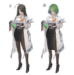  ahoge black_footwear black_hair black_skirt breasts brown_eyes brown_legwear carrying carrying_under_arm closed_mouth collapse_fluid_(girls&#039;_frontline) collarbone commentary_request concept_art female girls&#039;_frontline green_hair hair_over_one_eye hand_in_pocket high_heels holding id_card jewelry lab_coat leone_(girls&#039;_frontline) long_hair long_sleeves mask mask_pull medium_breasts mouth_mask multiple_views official_art open_clothes pantyhose pencil_skirt photoshop_(medium) prototype_design ring shirt shoes short_hair simple_background skirt standing surgical_mask watermark white_background white_shirt whoisshe 