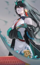  absurdres arknights bare_shoulders black_hair breasts collarbone colored_skin detached_sleeves dragon_horns dragon_tail dusk_(arknights) earrings female green_skin grey_sky hair_between_eyes highres horns jewelry long_hair looking_afar necktie noubin open_mouth pointy_ears red_eyes red_necktie sky solo tail 