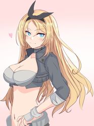  bandeau black_hairband blonde_hair blue_eyes breasts commentary_request cowboy_shot cropped_jacket female fingerless_gloves gloves gradient_background grey_bandeau grey_gloves grey_jacket hairband highres jacket kantai_collection large_breasts looking_at_viewer midriff navel nelson_(kancolle) nelson_(race_queen_mode)_(kancolle) nitamako_(sakamalh) official_alternate_costume pink_background race_queen solo 