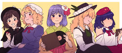  5girls ascot bad_id bad_pixiv_id bare_shoulders black_capelet black_dress black_headwear black_skirt blonde_hair blush book bow bowtie breasts brown_eyes brown_hair capelet collared_dress collared_shirt commentary_request covered_eyes detached_sleeves digital_media_player dress earphones fingernails flower green_ascot green_kimono hair_flower hair_ornament hat hat_bow hieda_no_akyuu highres holding holding_book holding_record ipod jacket_girl_(dipp) japanese_clothes juliet_sleeves kimono label_girl_(dipp) listening_to_music long_hair long_sleeves mandarin_collar maribel_hearn medium_hair mob_cap multiple_girls nekolina open_mouth puffy_sleeves purple_dress purple_eyes purple_hair record red_bow red_bowtie red_ribbon red_skirt ribbon shared_earphones shirt short_hair side_ponytail sitting skirt small_breasts smile touhou usami_renko vest white_bow white_headwear white_shirt white_sleeves white_vest wide_sleeves yellow_kimono 