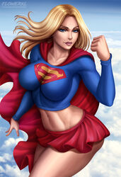  1female abs adult athletic_female big_boobs big_breasts blonde_hair blue_eyes breasts cape cleavage dc female female_only flowerxl flying kara_zor-el large_breasts linda_danvers long_hair looking_at_viewer pale-skinned_female pink_lipstick pinup red_cape red_skirt skirt sky_background solo solo_female supergirl supergirl_(series) superheroine superman_(series) thick_thighs topwear watermark 