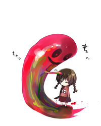  blood blood_drip blood_on_ground braid brown_hair chibi closed_eyes closed_mouth creature duplicate expressionless female hanepochi headpat holding holding_knife knife kyukkyu-kun long_hair long_sleeves looking_at_another madotsuki no_nose petting pink_shirt pink_sweater purple_skirt raised_eyebrows red_footwear red_skirt shadow shirt shoes simple_background size_difference skirt sweater turtleneck turtleneck_sweater twin_braids twintails white_background yume_nikki 