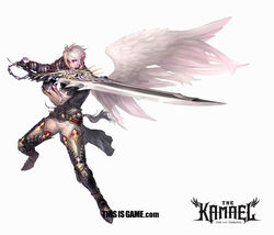  1boy armor chains elf highres huge_weapon kamael lineage male_focus pointy_ears single_wing solo sword watermark weapon white_hair wings 