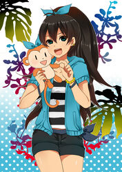  bad_id bad_pixiv_id black_hair black_shorts bow earrings female ganaha_hibiki idolmaster idolmaster_(classic) jewelry long_hair masaki_(celesta) monkey ponytail shirt shorts solo striped_clothes striped_shirt 