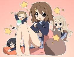  &gt;_&lt; 4girls akiyama_mio bad_id bad_pixiv_id barefoot black_hair blonde_hair brown_eyes brown_hair chibi closed_eyes feet food hairband happy hirasawa_yui ice_cream k-on! kotobuki_tsumugi long_hair multiple_girls ninja_toes no_legwear panties pantyshot sakuragaoka_high_school_uniform school_uniform short_hair smile tainaka_ritsu take_shinobu thick_eyebrows underwear 