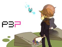  1boy amada_ken bad_id bad_pixiv_id brown_hair bug butterfly closed_eyes female flower holding hug persona persona_3 persona_3_portable school_uniform shiomi_kotone short_hair spoilers yahata_hato 