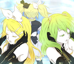  3girls alternate_hairstyle bad_id bad_pixiv_id blonde_hair dual_persona green_hair hatsune_miku hatsune_miku_(roshin_yuukai/nitamagomix) kagamine_rin kagamine_rin_(roshin_yuukai/hard_rkmix) long_hair maruki_(punchiki) multiple_girls roshin_yuukai_(vocaloid) thighhighs twintails vocaloid 