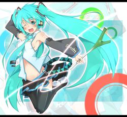  aqua_eyes aqua_hair bad_id bad_pixiv_id breasts detached_sleeves female hatsune_miku headphones headset jumping kazami_ryouya long_hair medium_breasts necktie oerba_yun_fang one_eye_closed sideboob skirt smile solo spring_onion thighhighs twintails very_long_hair vocaloid zettai_ryouiki 