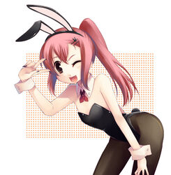  animal_ears bad_id bad_pixiv_id bent_over brown_eyes female fishnet_pantyhose fishnets hair_ornament hairclip highres long_hair momoyama_nozomu oerba_yun_fang one_eye_closed original pantyhose pink_hair playboy_bunny rabbit_ears solo twintails 