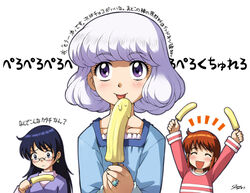  3girls akashi_kaoru banana_popsicle food licking multiple_girls nogami_aoi phallic_symbol photoshop_(medium) popsicle purple_eyes purple_hair sameha_ikuya sannomiya_shiho sexually_suggestive the_children translation_request zettai_karen_children 