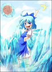  barefoot blue_eyes blue_hair bow cirno commentary_request female frozen merupo short_hair solo taker_(flamestorm) touhou wings 