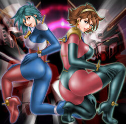  2girls allenby_beardsley ass blue_bodysuit blue_eyes blue_hair bodysuit boots brown_hair g_gundam gundam mecha mobile_trace_suit multicolored_bodysuit multicolored_clothes multiple_girls nobel_gundam photoshop_(medium) pink_bodysuit rain_mikamura red_bodysuit rising_gundam robot thigh_boots thighhighs toten_(der_fuhrer) 