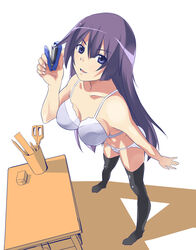  bakemonogatari blue_eyes bra date_(senpen) female legs lingerie long_hair monogatari_(series) panties purple_hair senjougahara_hitagi solo standing stapler stationery thighhighs underwear underwear_only 