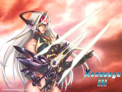  abs armor blue_eyes breasts curvy cyborg dark-skinned_female dark_skin elbow_gloves energy_sword female gloves large_breasts leotard long_hair momofuki_rio smile solo super_robot_wars super_robot_wars_og_saga_mugen_no_frontier sword t-elos underboob weapon white_hair xenosaga xenosaga_episode_iii 