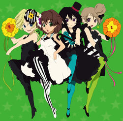  4girls akiyama_mio akiyama_mio_(cosplay) blue_legwear code_geass commentary_request cosplay cover don&#039;t_say_&quot;lazy&quot; dress fingerless_gloves genderswap_(mtf) gina_weinberg gloves green_legwear hat hirasawa_yui hirasawa_yui_(cosplay) jampeko k-on! kotobuki_tsumugi kotobuki_tsumugi_(cosplay) luluko mini_hat mini_top_hat multiple_girls pantyhose photoshop_(medium) roloko rule_63 striped_clothes striped_pantyhose suzako tainaka_ritsu tainaka_ritsu_(cosplay) top_hat vertical-striped_clothes vertical-striped_pantyhose 