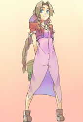  aerith_gainsborough bow braid brown_hair cropped_jacket dress female final_fantasy final_fantasy_vii green_eyes izumi_(ko8) long_dress long_hair pink_bow pink_dress ribbon solo very_long_hair 