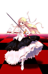  bad_id bad_pixiv_id bare_shoulders blonde_hair bow breasts center_frills commentary_request copyright_request dress dress_shirt elbow_gloves female fighting_stance frills full_body gloves hair_between_eyes hair_ribbon half_updo high_heels holding holding_sword holding_weapon layered_skirt left-handed long_hair looking_at_viewer outstretched_arm pantyhose red_eyes ribbon scabbard sheath shirt shoes single_glove skirt sleeveless sleeveless_shirt small_breasts solo standing string sword tamaki_fuyu tile_floor tiles unsheathed weapon white_background white_bow white_footwear white_gloves white_pantyhose white_ribbon white_shirt 