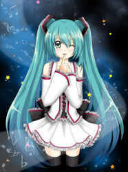  aqua_eyes aqua_hair aqua_nails bad_id bad_pixiv_id dress female frills hatsune_miku long_hair mizumohikari musical_note nail_polish one_eye_closed photoshop_(medium) solo thighhighs twintails very_long_hair vocaloid zettai_ryouiki 