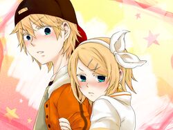  1boy bad_id bad_pixiv_id baseball_cap blonde_hair blue_eyes blush female hair_ornament hair_ribbon hairclip hat holding_another&#039;s_arm juvenile_(vocaloid) k_hearts kagamine_len kagamine_rin ribbon short_hair vocaloid 