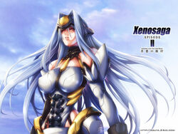  abs android blue_hair breasts elbow_gloves female gloves kos-mos large_breasts long_hair momofuki_rio red_eyes solo xenosaga xenosaga_episode_i 