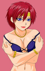  after_war_gundam_x bad_id bad_pixiv_id bare_shoulders blue_eyes blush bracelet breasts breasts_squeezed_together cleavage earrings ennil_el female gundam headband jewelry large_breasts lipstick makani_kohitujito makeup midriff navel necklace red_hair short_hair solo 