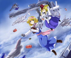  alice_margatroid asshimar blonde_hair blue_eyes book commentary_request doll fazz_(gundam) female fingerless_gloves flx gloves grimoire grimoire_of_alice gundam gundam_sentinel hairband name_connection shanghai_doll short_hair string touhou weapon z_plus_(gundam) 