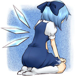  bad_id bad_pixiv_id blue_dress blue_hair bow cirno cirno_day dress female from_behind hairbow kneehighs sad seiza sherad short_hair single_wing sitting socks solo touhou white_socks wings 