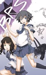  2girls bad_id bad_pixiv_id bag black_hair black_rock_shooter black_rock_shooter_(character) blue_eyes chains dead_master francisco_valle green_eyes kuroi_mato legs multiple_girls school_uniform serafuku short_hair skirt smile socks takanashi_yomi twintails v 