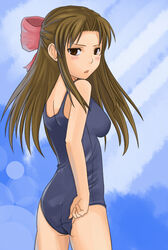  adjusting_clothes adjusting_swimsuit anachronism avocado_(artist) bad_id bad_pixiv_id brown_eyes brown_hair female half_updo long_hair ogasawara_akiko one-piece_swimsuit school_swimsuit solo swimsuit taishou_yakyuu_musume 