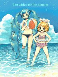  2girls aqua_eyes aqua_hair asahi_(pamuko) ball barefoot beach beachball bikini blonde_hair commentary_request day hair_ornament hair_ribbon hairclip hatsune_miku innertube kagamine_rin long_hair multiple_girls navel outdoors polka_dot ribbon shallow_water short_hair smile standing standing_on_one_leg striped_bikini striped_clothes swim_ring swimsuit twintails very_long_hair vocaloid wading water 