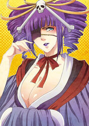  aqua_eyes bad_id bad_pixiv_id bleach bleach:_zanpakutou_ibun_hen breasts cleavage drill_hair eyepatch female huge_breasts japanese_clothes kanameyura katen_kyoukotsu lipstick makeup personification photoshop_(medium) purple_hair solo 