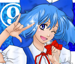  \m/ blue_bow blue_eyes blue_hair bow circled_9 cirno commentary_request female hairbow hands macross macross_frontier netachou one_eye_closed open_mouth parody seikan_hikou smile solo sparkle touhou 