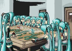  6+girls aqua_hair board_game clone commentary_request cosplay detached_sleeves goutengou hatsune_miku headphones kaitei_gunkan_(tokusatsu) long_hair multiple_girls otaku playing_games rxjx thighhighs tripod_(mecha) twintails very_long_hair vocaloid war_of_the_worlds 