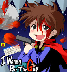  1boy :d animification apple blood blue_shirt brown_hair cape commentary_request copyright_name error_message finger_on_trigger food fruit grey_eyes gun hair_between_eyes handgun happy i_wanna_be_the_guy kurosuema long_sleeves male_focus microsoft_windows moon night red_cape save_point shirt short_hair smile solo spikes star_(symbol) the_kid upper_body weapon 