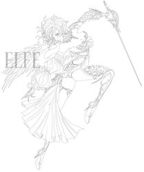  female greyscale kamael line_art lineage monochrome photoshop_(medium) pointy_ears sketch solo 